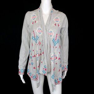 Johnny Was Cardigan Embroidered Open Front Draped Sweater Aztec Gray Women Small